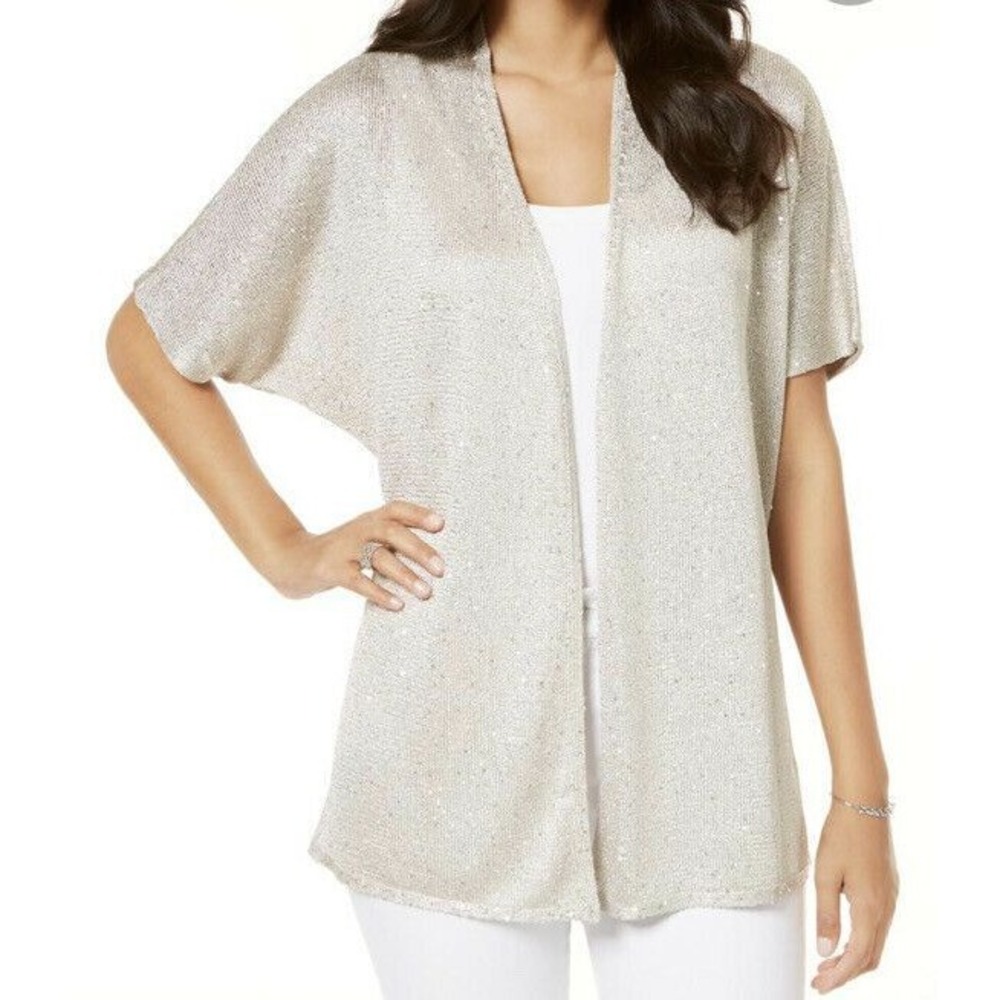 INC Womens Sweater Gray Size S Small Cardigan Sequined Open-Front